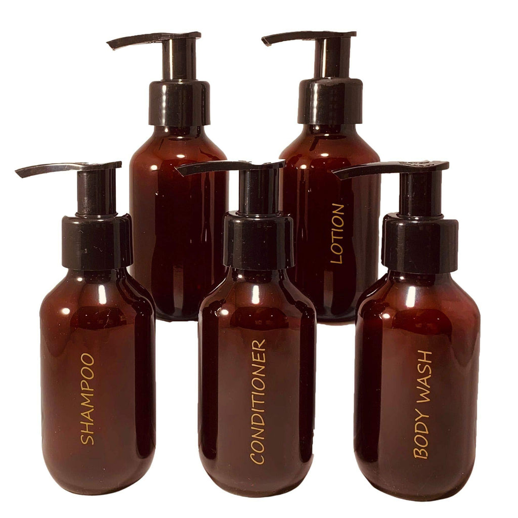 [Australia] - Bottiful Home - 3 oz. Refillable Amber Plastic Travel Bottles Set of 5 w Pumps - Gold Printed Shampoo, Conditioner, Body Wash, Lotion + Other - TSA-Compliant 