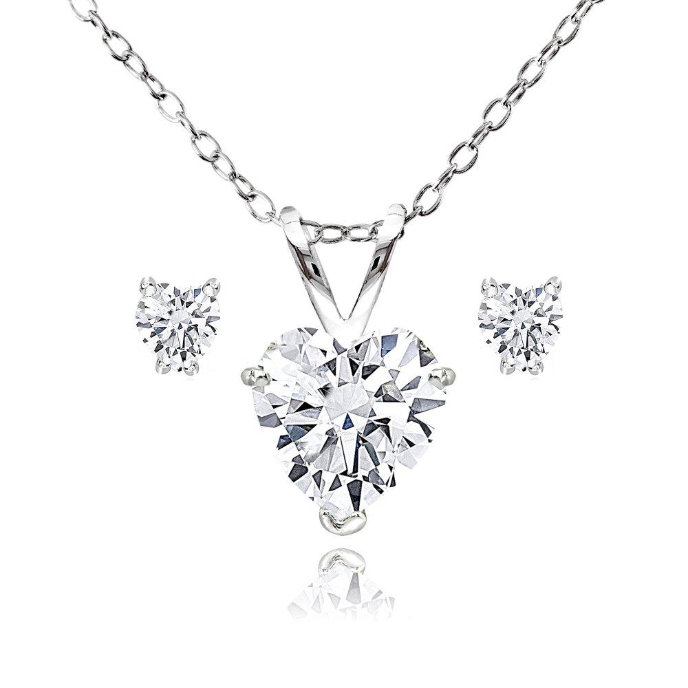 [Australia] - Sterling Silver AAA Cubic Zirconia Heart Solitaire Necklace & Stud Earrings Set sterling-silver 