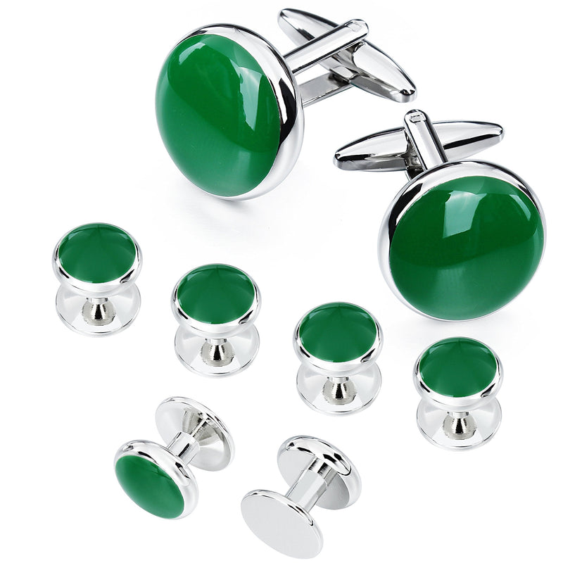 [Australia] - AMITER Cufflinks and Tuxedo Shirt Studs Set for Men Classic Silver Round Shape in Gift Box - Formal Business Wedding Anniversary Jewelry Deep Green 