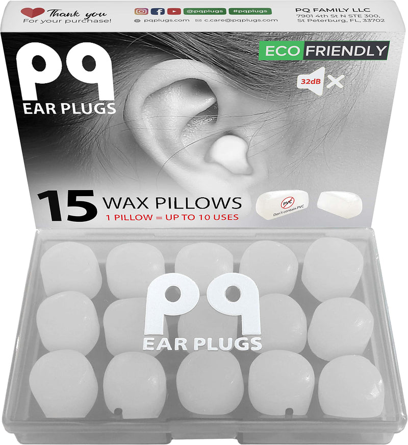 [Australia] - PQ Wax Ear Plugs for Sleep - 15 Silicone Wax Earplugs for Sleeping and Swimming - Gel Ear Plugs for Noise Cancelling, Ear Protection - Sleeping Earplugs with Sound Blocking Level of 32 Db (15-Pillows) 
