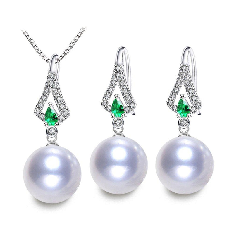 [Australia] - LSOOYH Platinum Plated Elegant Austrian Green Crystal Pearl CZ Necklace and Earrings Jewelry Set for Women Gift White 