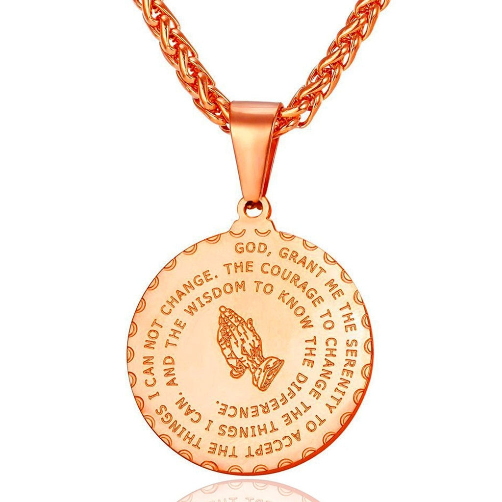 [Australia] - Bible Verse Prayer Necklace Free Chain Christian Jewelry Stainless Steel Praying Hands Coin Medal Pendant Rose Gold 