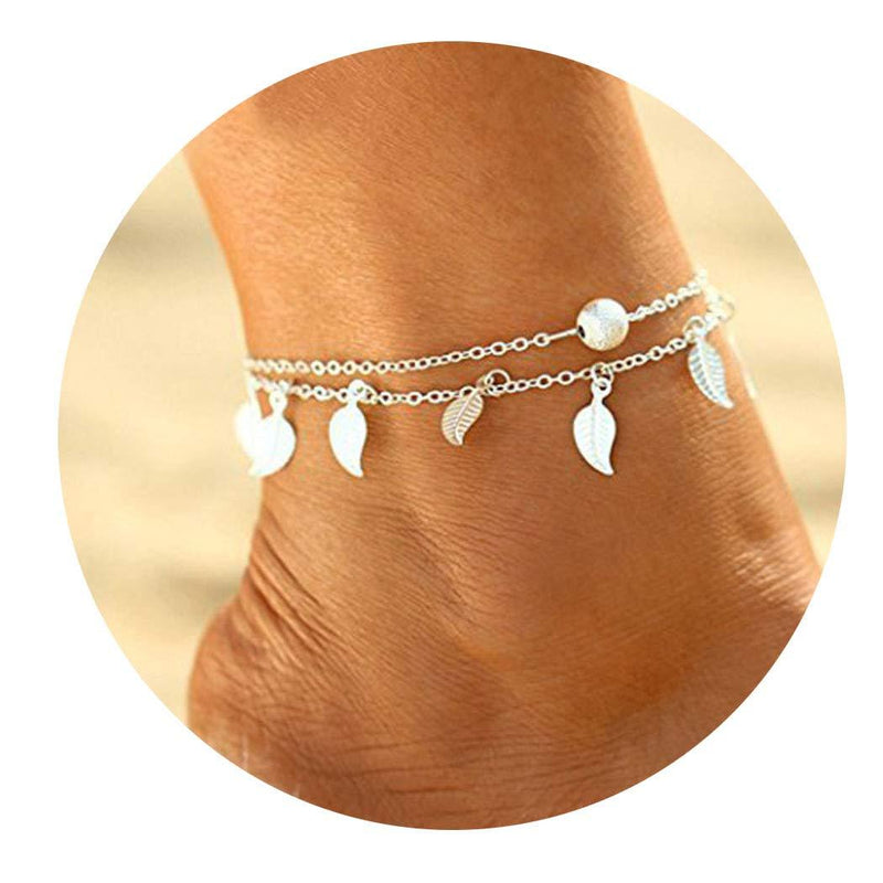 [Australia] - Simsly Leaf Layered Anklets Chain Silver Bead Beach Foot Bracelets Jewelry for Women and Girls 