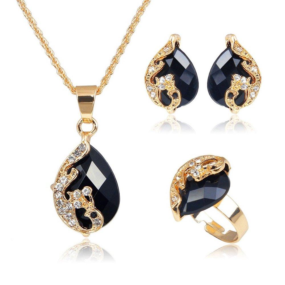 [Australia] - Liffly Fashion Crystal Jewelry Set 18 K Gold Plated Jewelry Weddings Dubai Gold Necklace Earrings Set Black water drop 