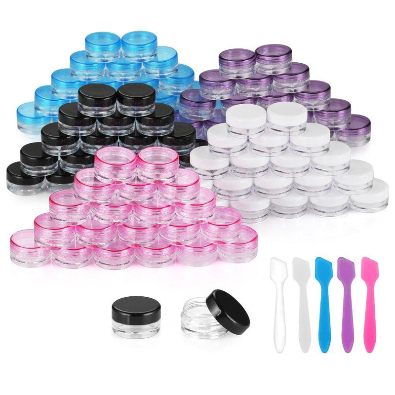 [Australia] - Accmor 100 Pieces 3g Empty Sample Containers with Lids Cosmetic Jars with 5 Pieces Mini Spatulas Multi-color 