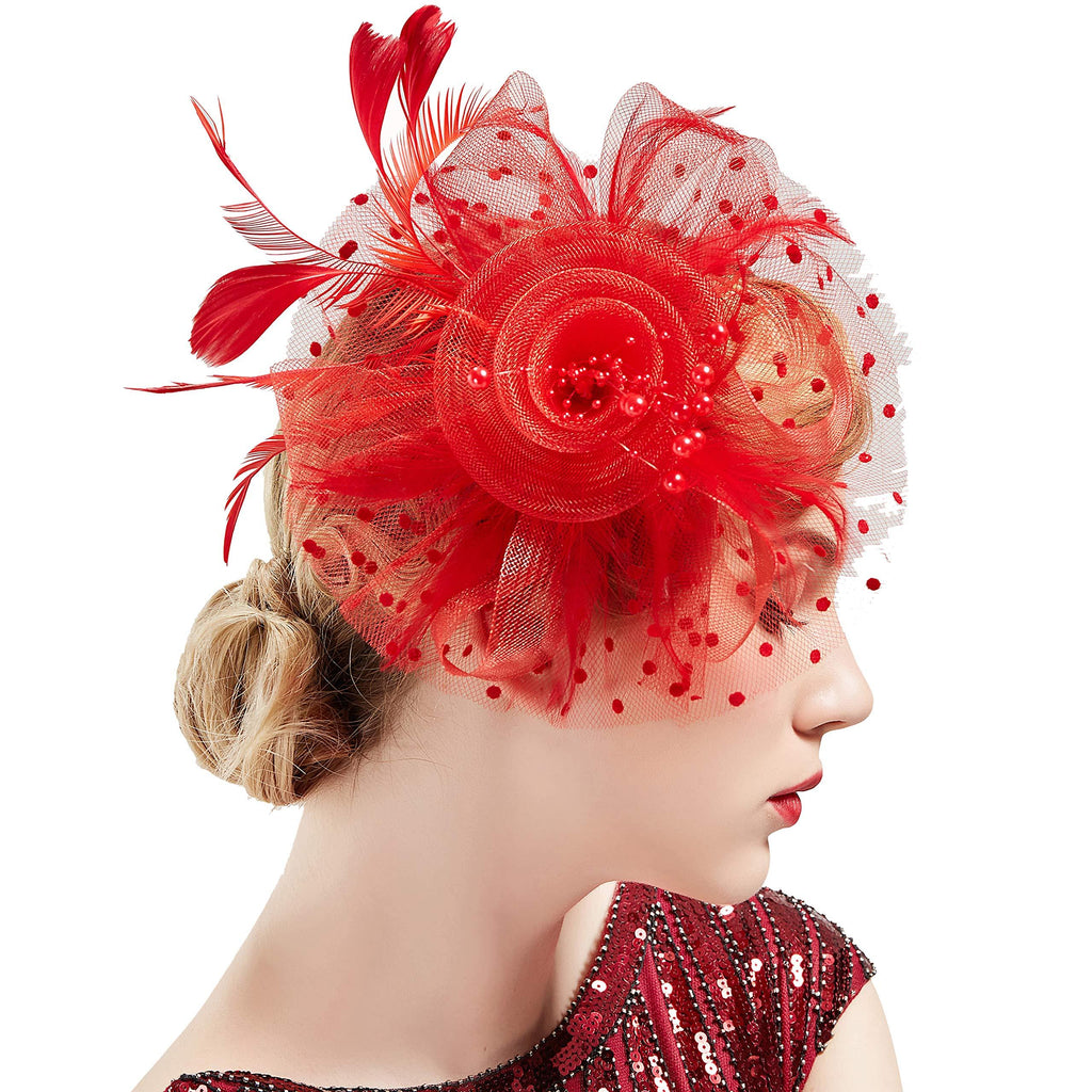 [Australia] - BABEYOND Women's Fascinators Hat Mesh Feather Fascinator Veil Kentucky Derby Hat for Cocktail Tea Party Red 