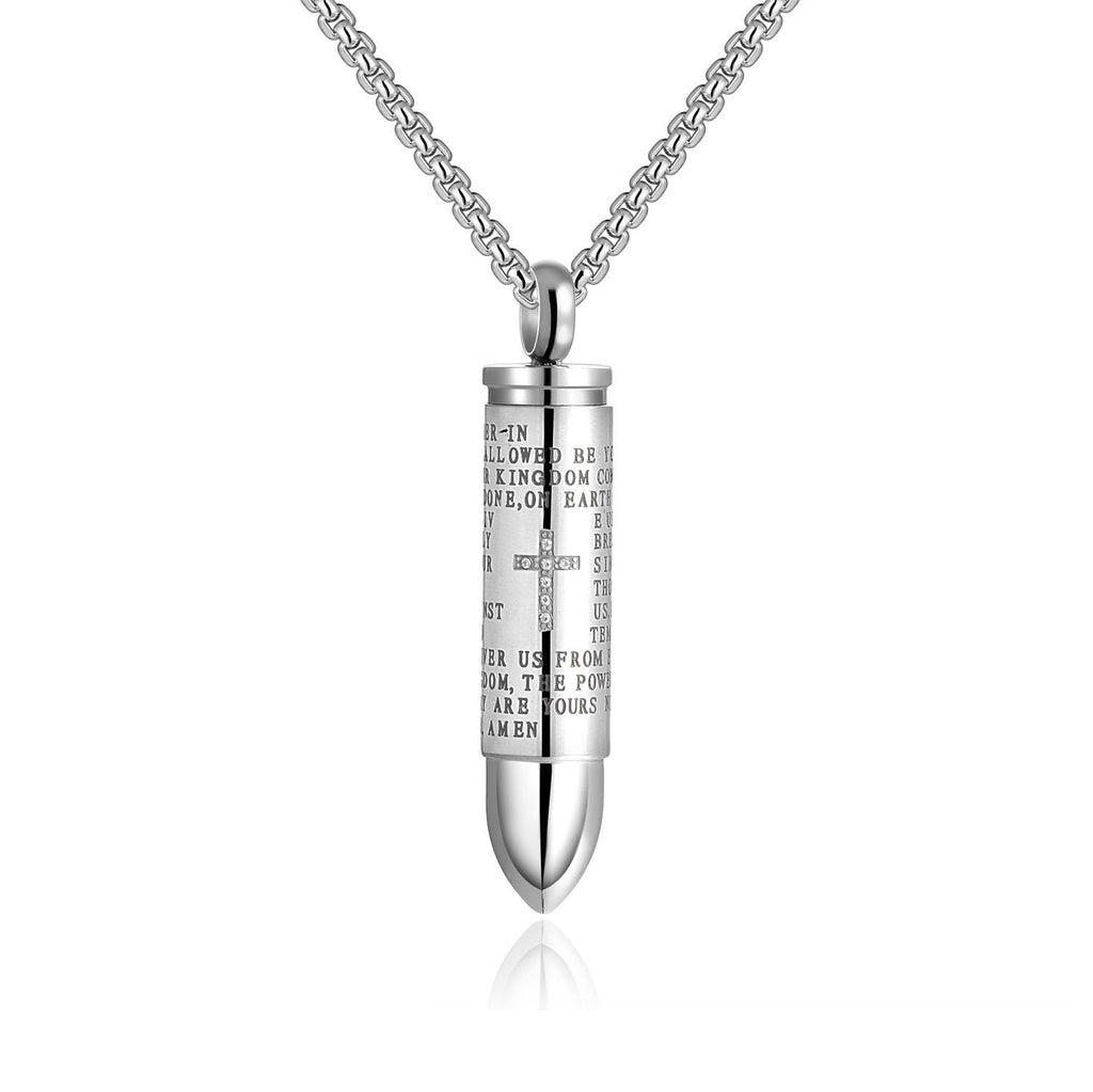 [Australia] - Godcow Men's Stainless Steel Diamond Cross and English Lord's Prayer Bible Verse Bullet Pendant Necklace Silver 