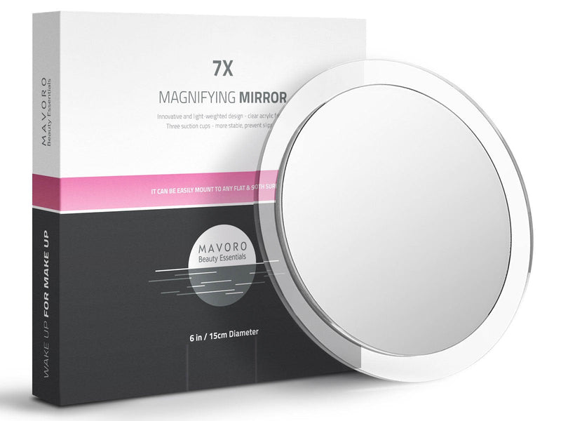 [Australia] - Mavoro Magnifying Mirror with Suction Cups - Triple Suction Cup Stick on Mirror with 7X Magnification. Portable Travel Makeup Mirror, Magnified Cosmetic Mirror with Cloth. Mirrors for Dorm Decor 7x - Three Suction Cups 