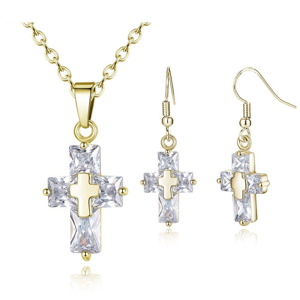 [Australia] - Zhang Trading Co., Ltd. 14K Gold-Plated Cross Cubic Zirconia Necklace+Hook Earrings Set Yellow Gold 