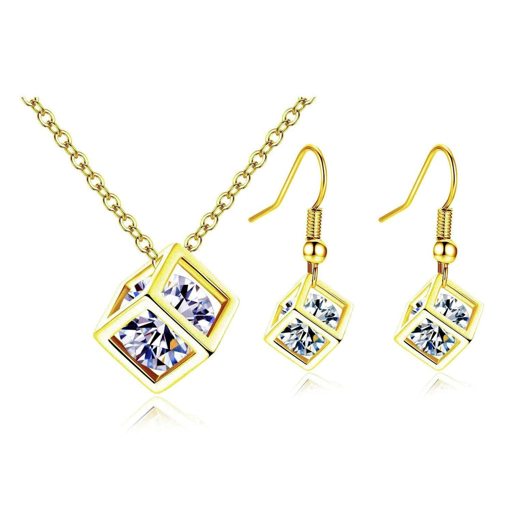 [Australia] - Zhang Trading Co., Ltd. 18K Gold Plated Square-Box with Simulated Diamond Earrings+Necklace Set Yellow Gold (Necklace+Hook Earrings) 