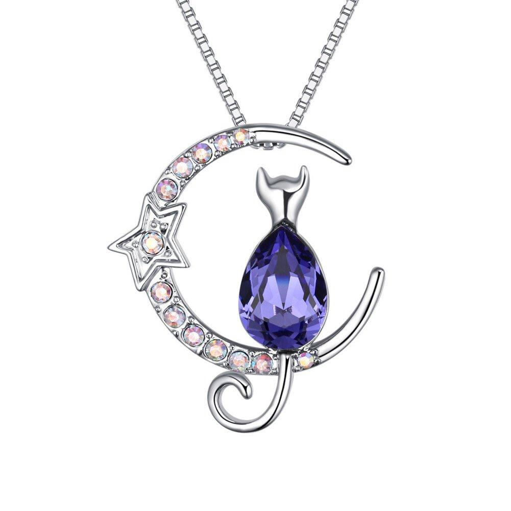 [Australia] - Looyar Star-Moon Cat Pendant Necklace S925 Swarovski Crystal Fashion Necklace Purple 