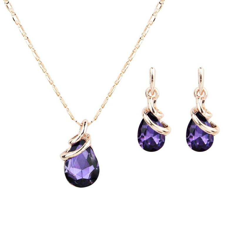 [Australia] - COLORFUL BLING Rose Gold Teardrop Infinity Pendant Necklace Dangle Earring Bridal Pearl Jewelry Sets Purple 