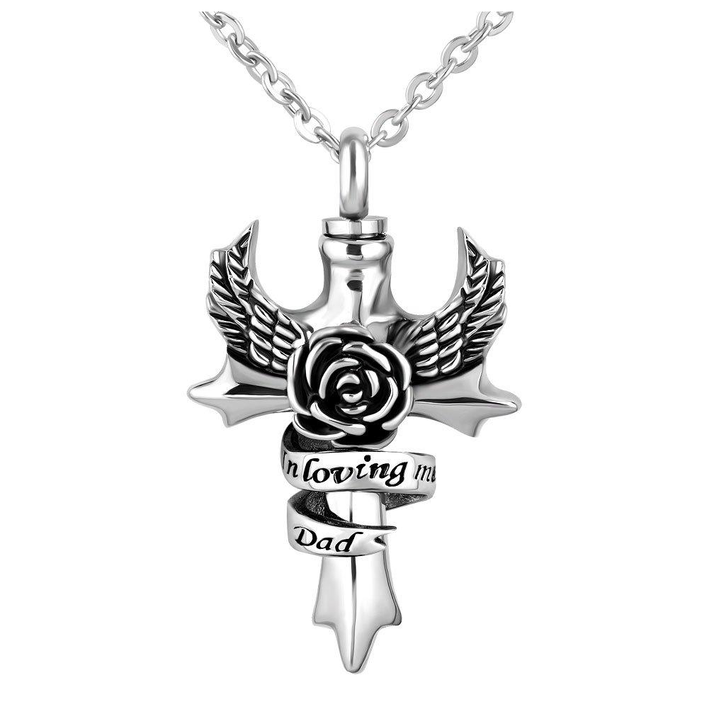 [Australia] - LovelyCharms Dad Angel Wings Flower Urn Necklace for Ashes Stainless Steel Keepsake Memorial Cremation 