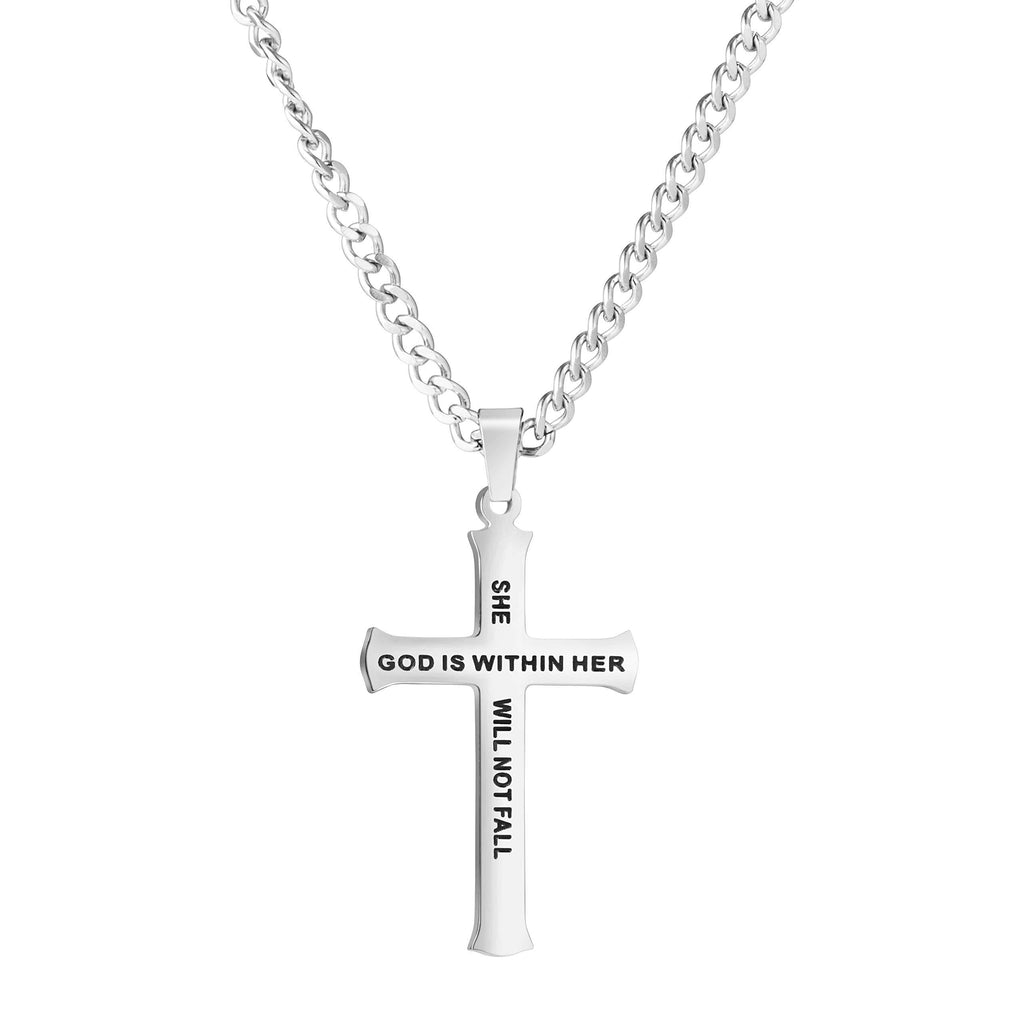 [Australia] - MEMGIFT Christian Bible Verse Necklace Religious Hand Stamped Stainless Steel Cross Pendant Jewelry Gift for Men God is within her she will not fall 