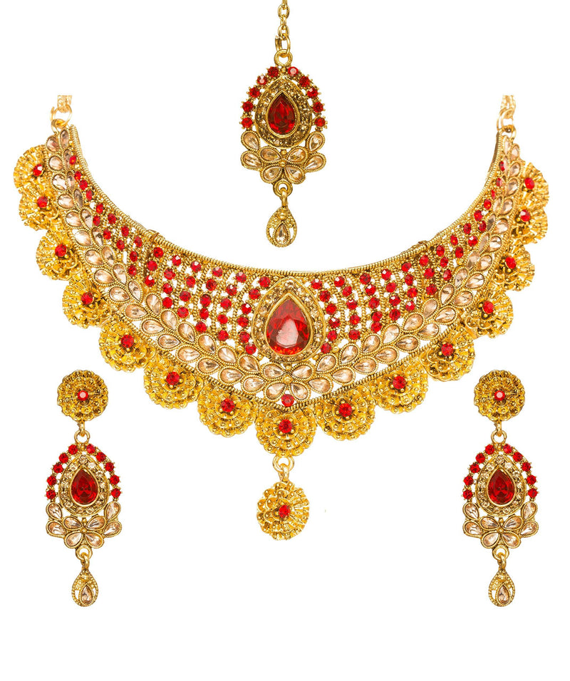 [Australia] - Bindhani Women's Indian Jewelry Simple Bridal Bridemaids Party Wear Crafted Brides Gold Plated Kundan Polki Red Choker Necklace Earrings Tikka Fashion Bollywood Style Jewellery Set for Wedding Style 1 