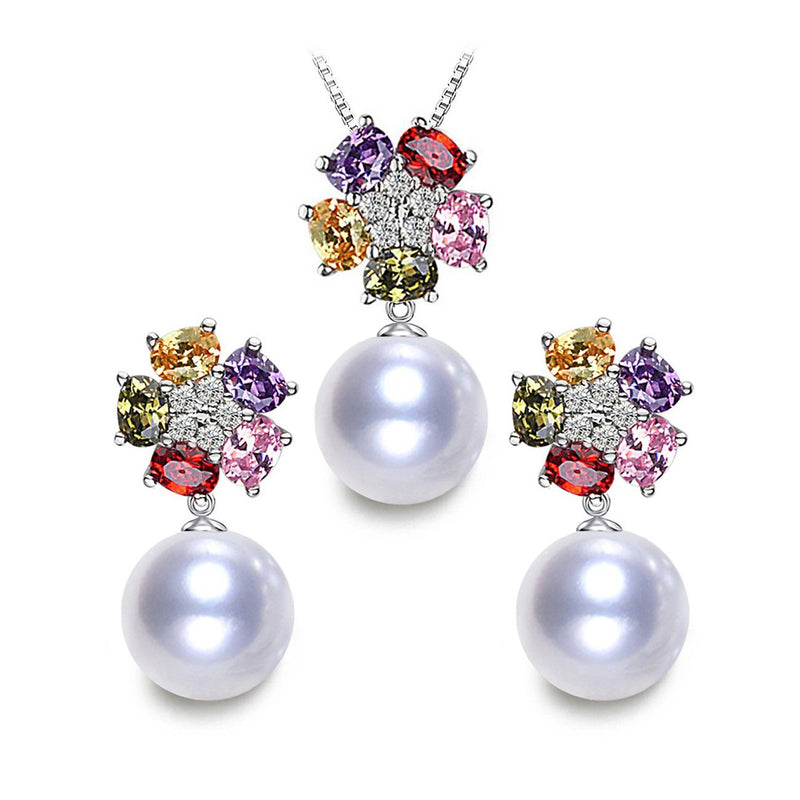 [Australia] - LSOOYH 18K Gold Plated Fashion Shell Pearl Jewelry Sets Flower Necklace Earrings Set for Women Multicolored Austrian Crystal White 