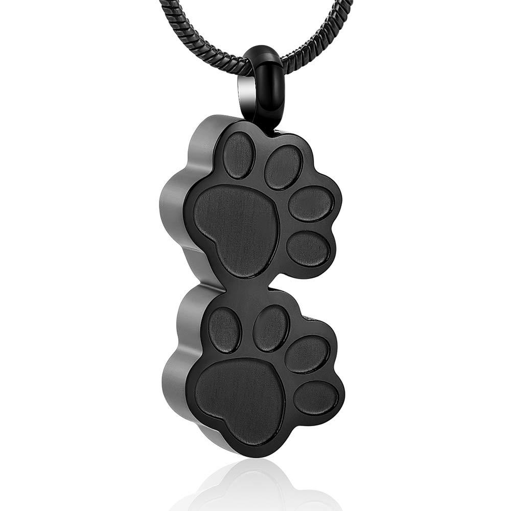 [Australia] - Stainless Steel Double Paw Print Urn Pendant Memorial Ash Keepsake Cremation Jewelry Black 