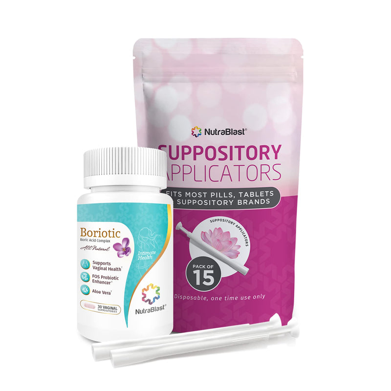 [Australia] - NutraBlast Boric Acid Vaginal Suppositories 800mg Complex w/FOS Prebiotic Enhancer & Aloe Vera w/Vaginal Applicator, 30 Suppositories & 15 Applicators - pH Balance, Feminine Care - Made in USA 