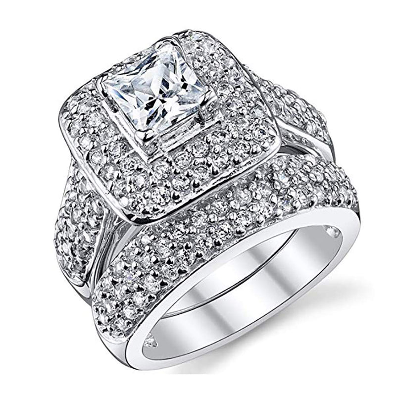 [Australia] - Double Fair Women's Gorgeous Princess Cut Cubic Zirconia Promise Wedding Ring Set Engagement Bridal Band White Gold Plated 5 