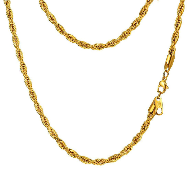 [Australia] - Stainless Steel Necklace, Wheat Chain/Rope Chain/Cuban Chain/Box Chain, Black/18K Gold Plated, 18''/20''/22''/24''/26''/28''/30'', Come Gift Box 03 gold-0.12''(3mm)-rope chain 18.0 Inches 