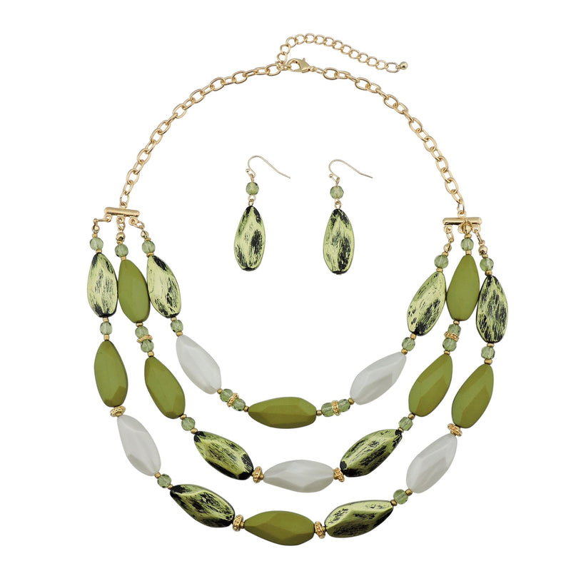 [Australia] - Bocar 3 Layer Beads Statement Necklace Earring for Women Jewelry Set army green 