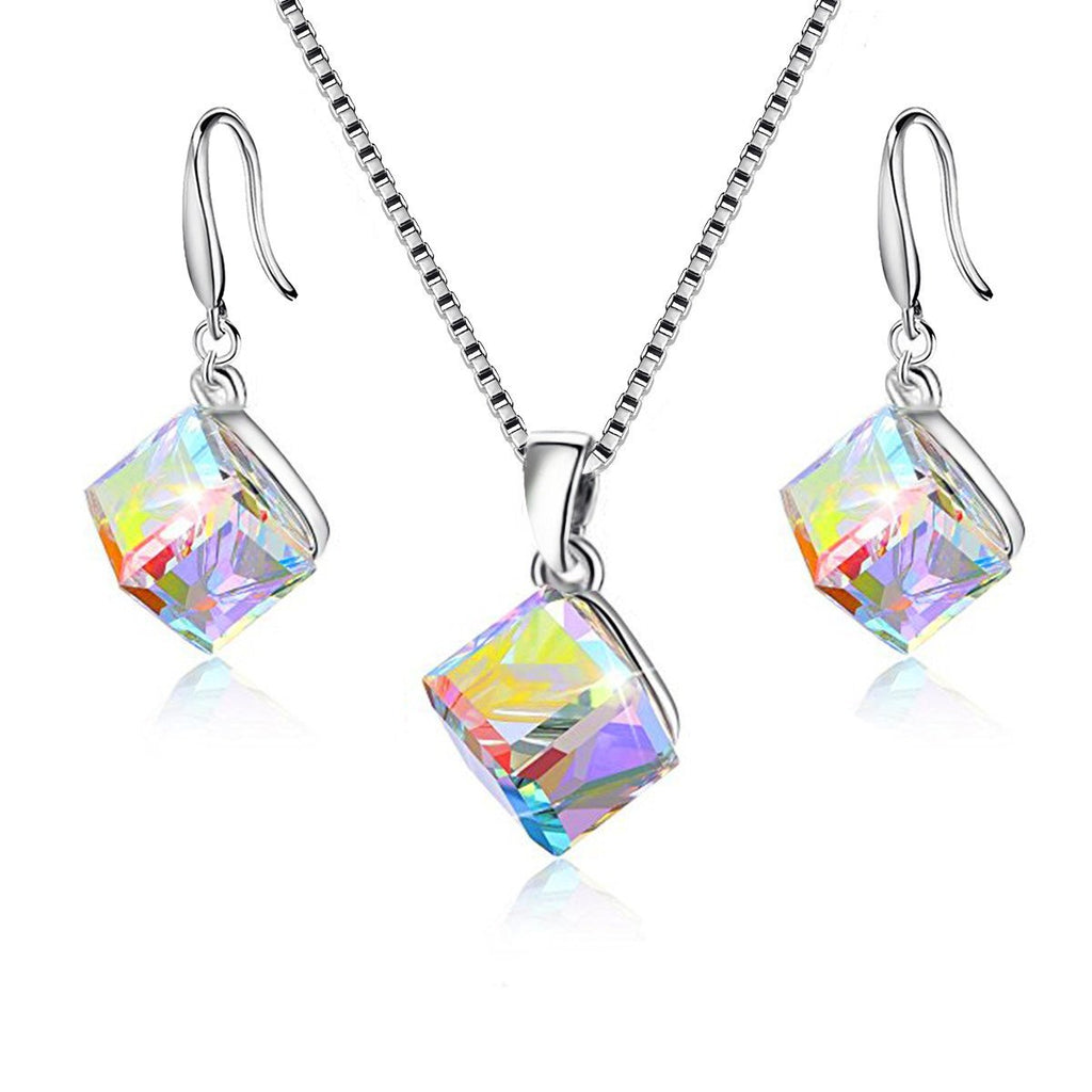 [Australia] - Uloveido Girl's Square Cube Authentic Austrian Crystal Hook Earrings and Rainbow Necklace Sets for Women - 925 Sterling Silver Wedding Engagement Jewelry Sets Box Packing Y418 Rainbow Set 