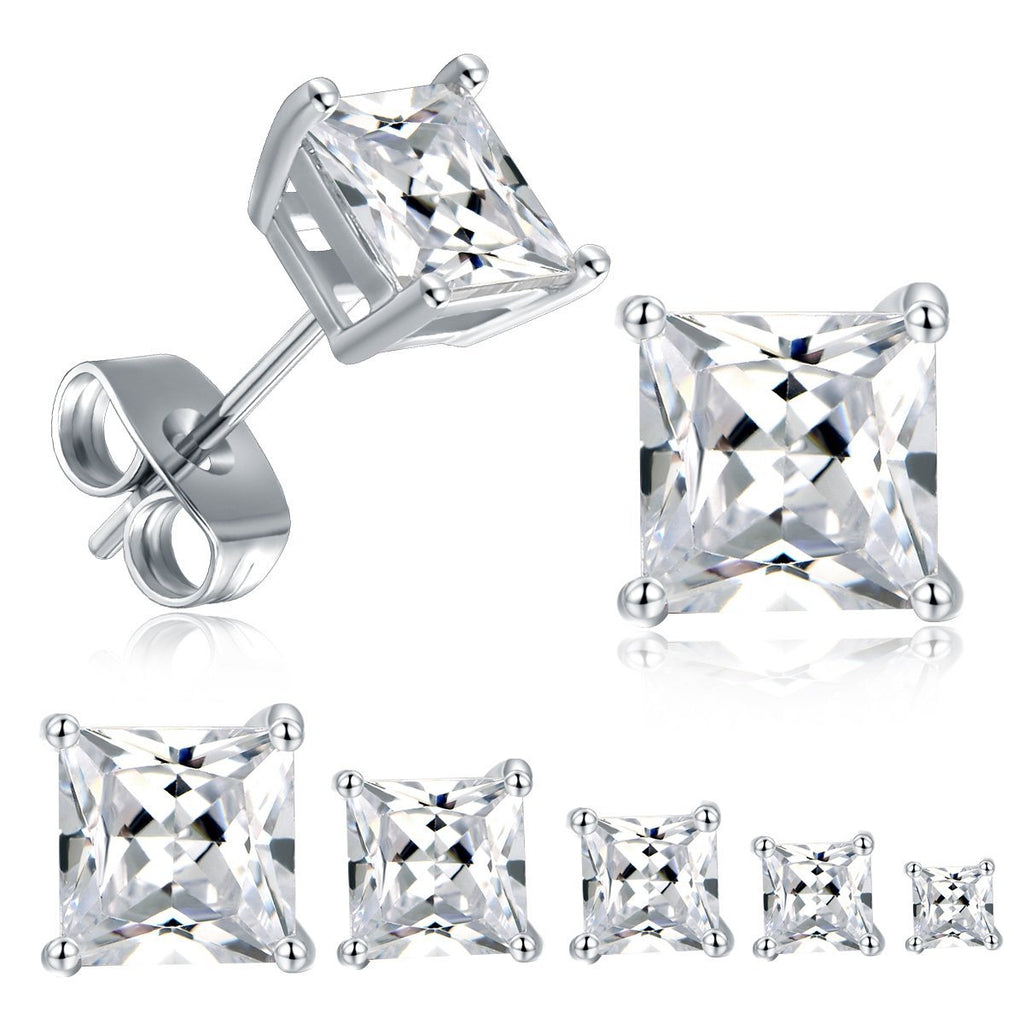 [Australia] - 18K White Gold Plated Princess Cut Clear Cubic Zirconia Stud Earrings Pack of 5 