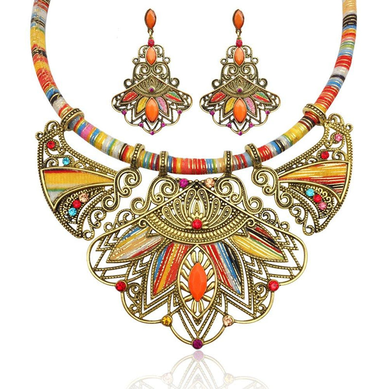 [Australia] - LUOEM Fashion Handmade Ethnic Set Bib Necklace Earrings Multicolor Boho Vintage Statement Jewelry for Women Jewelry (Colorful) 