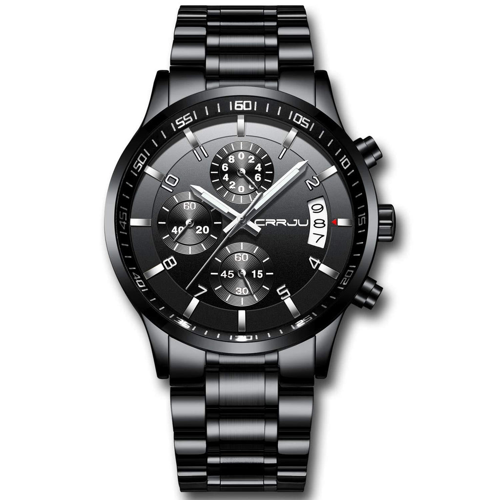 [Australia] - CRRJU Men's Fashion Stainless Steel Watches Date Waterproof Chronograph Wristwatches,Stainsteel Steel Band Waterproof Watch Black Black 