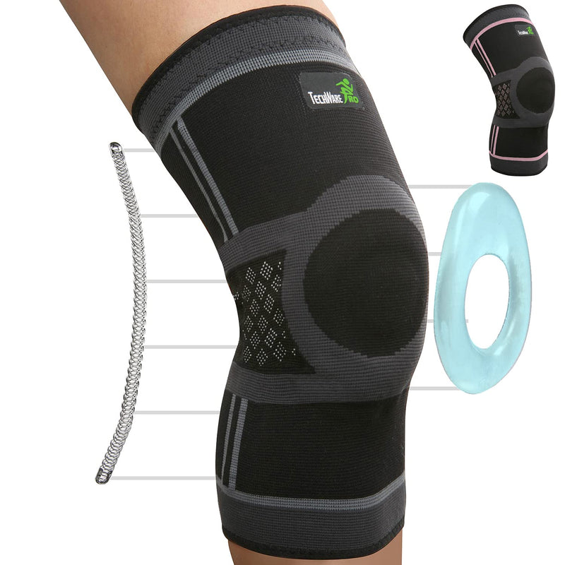 [Australia] - TechWare Pro Knee Compression Sleeve - Knee Braces for Knee Pain. Knee Sleeve with Side Stabilizers & Patella Gel Pads. Knee Brace for Working Out, Arthritis & Meniscus Tear. 5 Sizes. Single Pack X-Large Black/Gray 