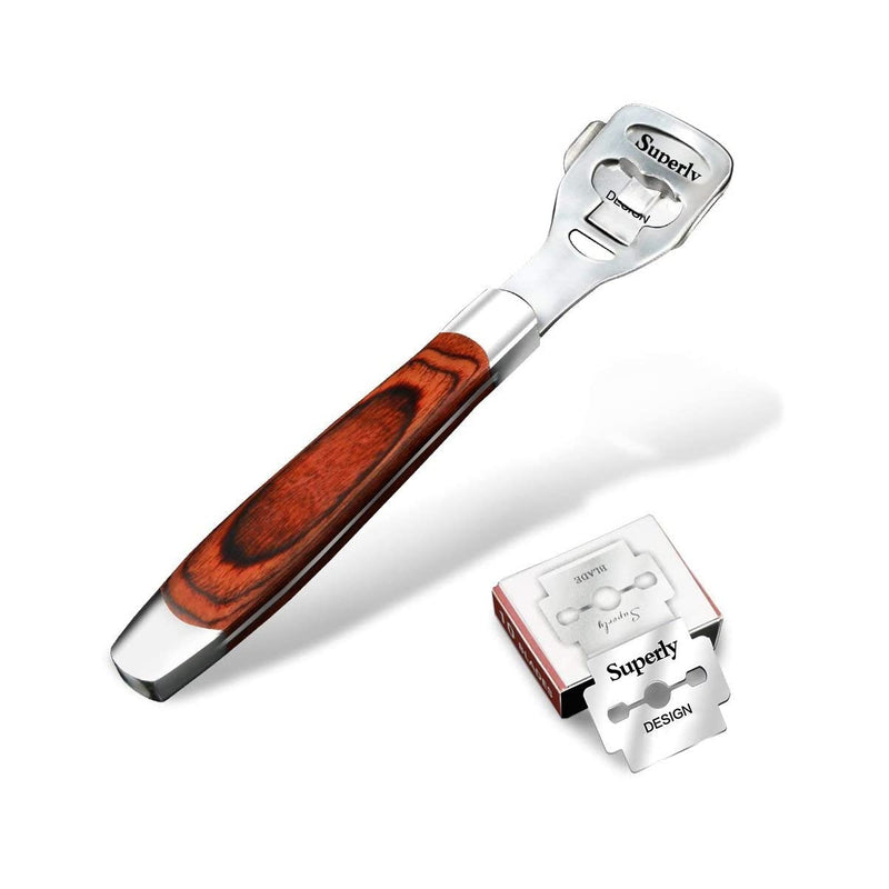 [Australia] - BEINY Stainless Steel Callus Shaver Pedicure Dead Hard Skin Remover Heel Razor Wooden Handle Cutter with Skin Rub & 10 Blades for Foot Care, Removing Solid, Cracked Skin Cells 