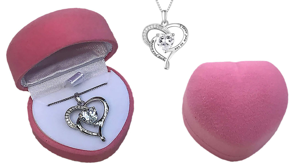 [Australia] - I Love You to The Moon and Back .925 Sterling Silver Heart Necklace Gift Set with White Crystal in Pink Heart Jewelry Box with Sweet Love Quote Message Card with Beach, Sunset and Heart Motif 