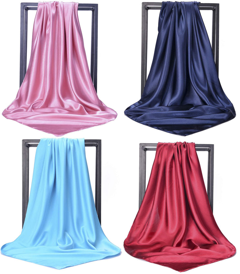 [Australia] - NUWEERIR 4pc Mixed Womens Large Square Scarf Set Silk Feeling Satin Hair Wrapping 35x35 inches Set 1 