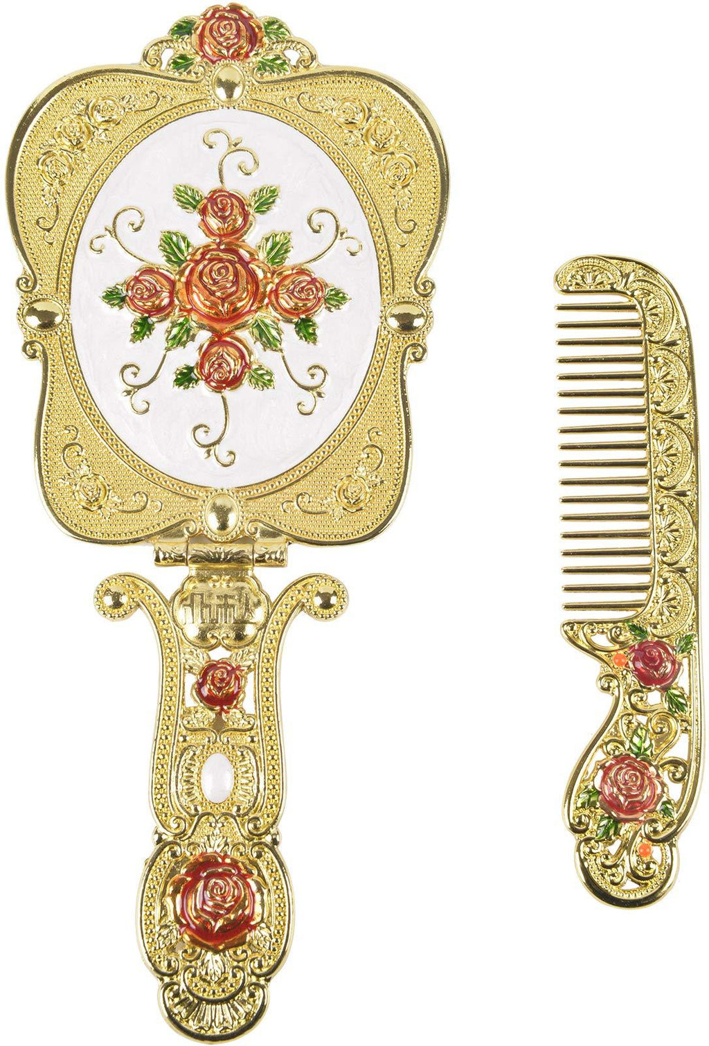 [Australia] - Nerien Antique Mirror Comb Set Vintage Metal Handheld Makeup Mirror with a Comb Russian Style Embossed Rose Hand Mirror Travel Portable Foldable Mirror Decorative Tabletop Stand Mirror Gold-1 