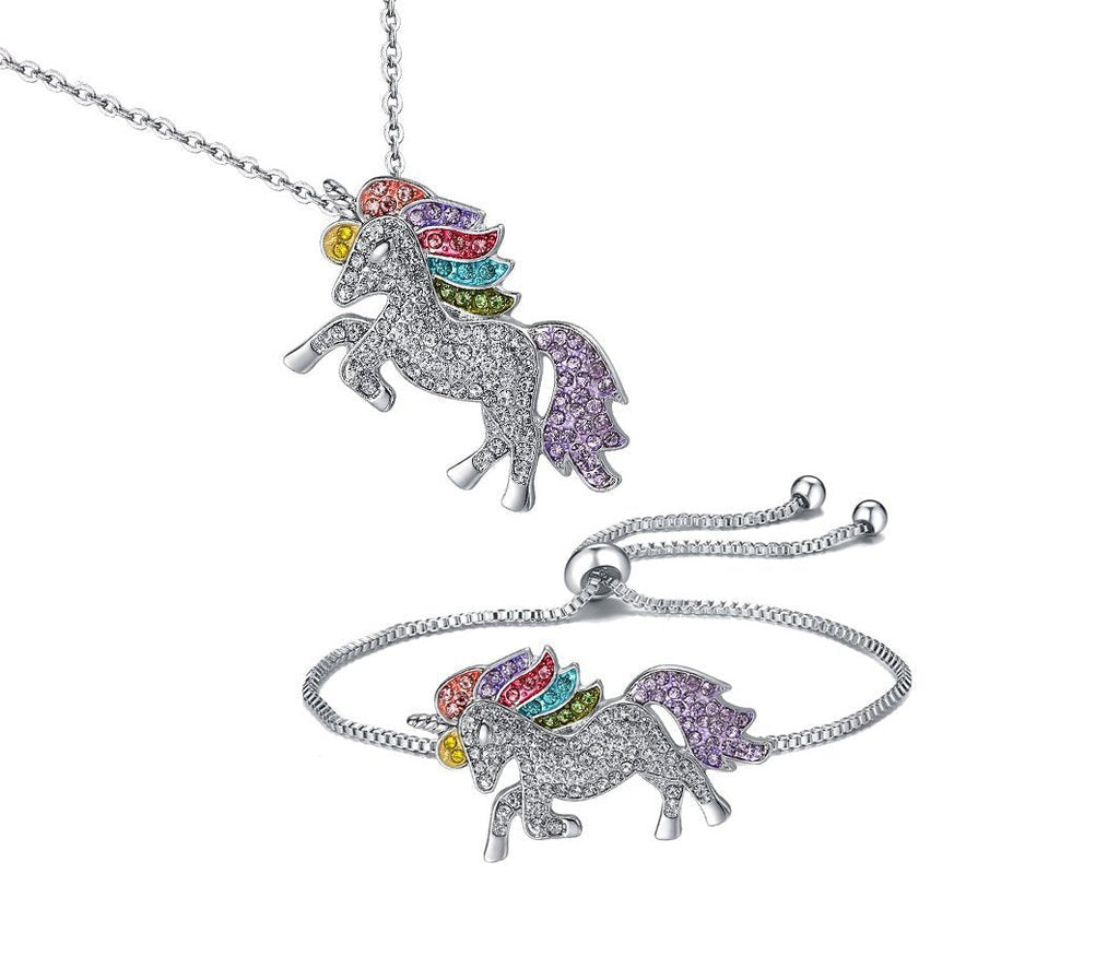 [Australia] - SHWIN Unicorn Necklace - 2 or 4 Pack Rainbow Unicorn Necklace Bracelet Set for Girls Jewelry Unicorn Gifts Set Unicorn Gift Set 