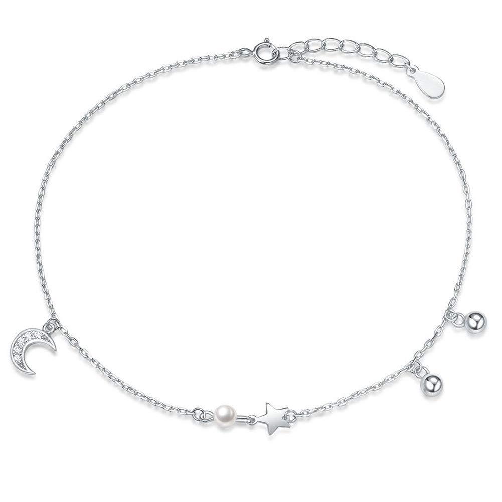 [Australia] - Mother's Day Gift | FANCIME Sterling Silver Anklets Cubic Zirconia Stunning Adjustable Summer Ankle Bracelet Jewelry for Women Girls 8+2" Moon & Star 