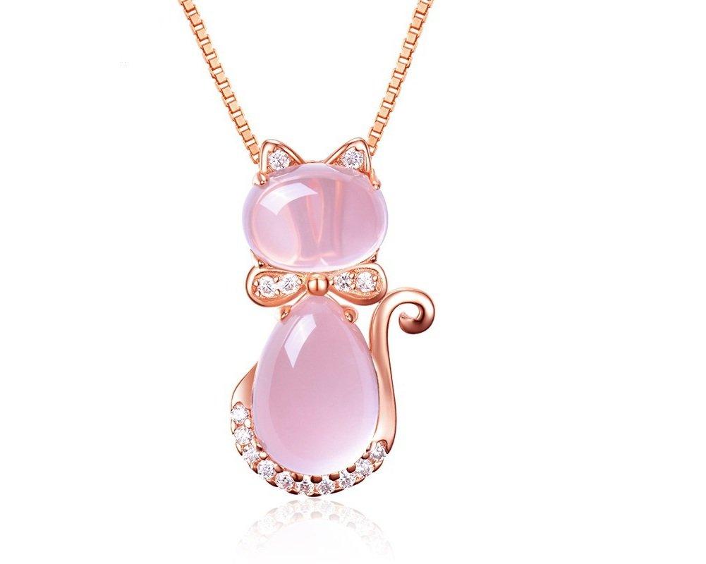 [Australia] - COLORFUL BLING Pink cat Pendant Necklace Ross Stone Quartz Opal Cute Rose Gold Silver Plated Chain Necklace for Women Girls 