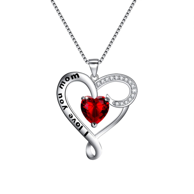 [Australia] - EVER FAITH Mother's Day Birthday Gift 925 Sterling Silver CZ"I Love You Mom" Heart Pendant Necklace Red 