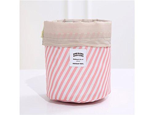 [Australia] - Travel Multifunction Cosmetic Bag High Capacity Barrel Toiletry Storage Bag (Pink Stripes) for Storage 