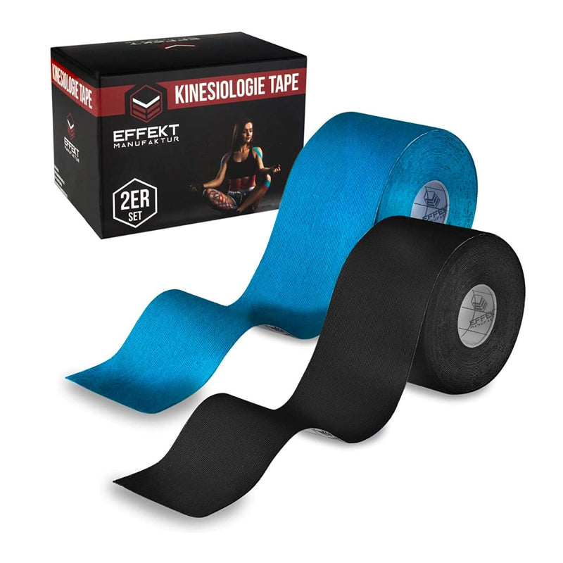 [Australia] - Effekt Manufaktur Kinesiology Tape Waterproof (16 ft x 2 in), 2 Rolls - Elastic Physio Tape for Muscle Support and Injury Recovery, Medical Tape, Kinetic Tape, Durable Kinesthetic Tape (Blue + Black) Blue + Black 