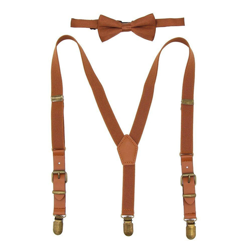 [Australia] - Boys Suspenders Bow Tie Set Tuxedo Braces with Leather and Bronze Clips for Kids Brown With Bow Tie 