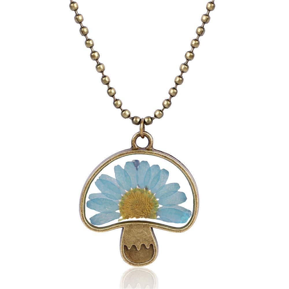 [Australia] - MIXIA Cute Natural Real Sunflower Long Chain Vintage Bead Chain Mushroom Shaped Dried Flower Pendant Necklace 