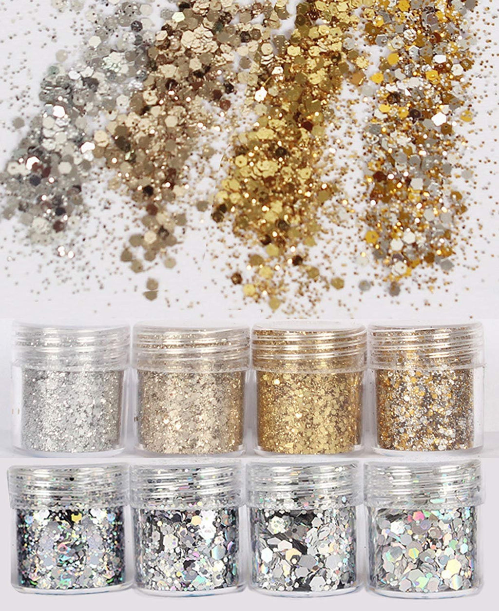 [Australia] - COKOHAPPY 8 Boxes Gold Silver Body Chunky Glitter Makeup, Holographic Flake Cosmetic Sequins Glitter, Ultra-thin Nail Art Iridescent Sparkle Mixed Glitter for Face Eye Hair 