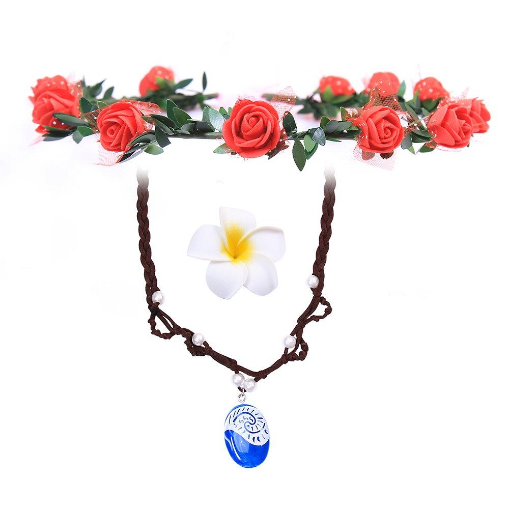 [Australia] - LEECCO Girl Pendant Necklace for Princess Moana Cosplay with Floral Wreath Headband & Flower Hair Clip,MOANA Movie Costume Accessories,Necklace for Girl Children Birthday Party Dress Up 