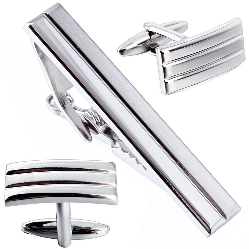 [Australia] - HAWSON Cufflink and Tie Clip Set Men's 3pcs Exquisite Gold and Silver Cuff Button & Tie Pin Set Made of Copper 