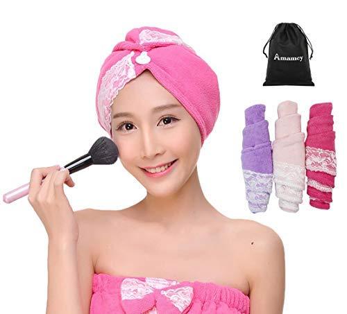 [Australia] - Amamcy 3 Packs Quick Dry Lace Hair Drying Towels Microfiber Hair High Super Soft Absorbent Bath Shower Turban Towel with Buttons for Women Girl Mom 