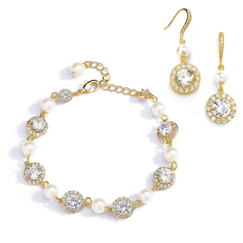 [Australia] - Mariell 14K Gold & Pearl Round CZ Bridal Bracelet & Earrings Set - Wedding Jewelry Sets for Bridesmaids 