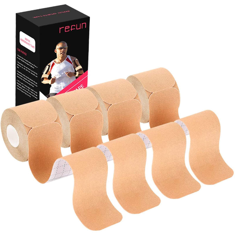 [Australia] - REFUN Kinesiology Tape Precut (4 Rolls Pack), Elastic Therapeutic Sports Tape for Knee Shoulder and Elbow, Pain Relief, Waterproof, Latex Free, 2" x 16.5 feet Per Roll, 20 Precut 10 Inch Strips Beige 