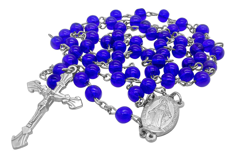 [Australia] - Nazareth Store Catholic Rosary Necklace Round Dark Blue Crystal Beads Miraculous Medal & Cross Handmade Long Chaplet 