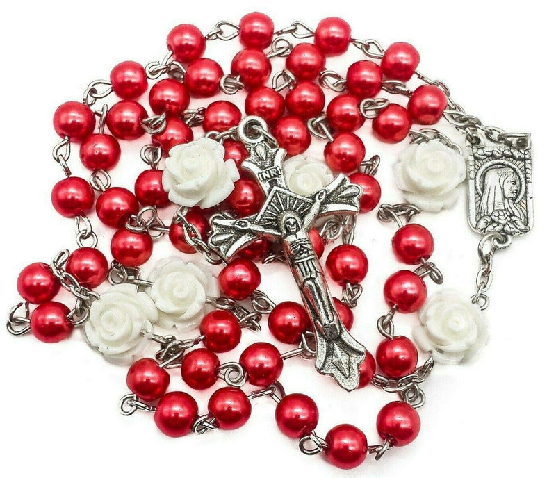 [Australia] - Nazareth Store Catholic Red Pearl Beads Rosary Jerusalem Necklace Our Rose Lourdes Medal & Cross NS 